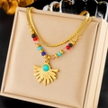 Bohemian gold plated chain necklace with colorful beads and turquoise sunflower pendant - Sunflower Turquoise Style (N2406)