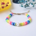 Rainbow Heishi clay bead bracelet with white pearl and adjustable cord for women - Rainbow Clay Rope