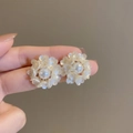 Elegant flower-shaped earrings with central pearl and frosted petals in creamy white - 31# White Pearl Flower
