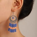 Bohemian silver carved hoop earrings with blue beaded tassels for women style - Antique Silver 7881