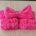 Pink plush bow headband and matching wristbands set for face washing and makeup - Rose Red Headband & Wristbands Set