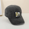 Detail view of the yellow excavator embroidery patch on the grey denim kids baseball cap - 52cm (Recommended 2-6 Years) / Black