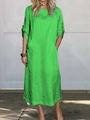 Robe longue d'été ample en coton et lin vert vif avec poches et col rond pour femme - S / Vert