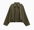 Olive green suede cropped bomber jacket with lapel collar shown in flat lay view - S / Thickened Green Top