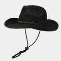 Classic black woven straw cowboy hat with brown leather band and metal buckle detail - One Size / Black
