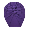 Detail of soft purple cotton baby turban hat featuring three decorative ribbon bows - Deep purple