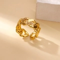 Macro detail of gold-plated chain ring with sparkling cubic zirconia on light background - Adjustable Open / Gold Chain Inlaid Style (G3127580)