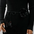 Elegant black chiffon waist belt featuring a large floral rose and tassel fringe details - Black