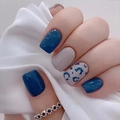 Blue and grey press-on nails with leopard print and silver ring on white silk background - 24Pcs Set (With Tool Kit) / Dark Blue Leopard (CW338)