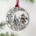 Zinc alloy Christmas ornament with snowman deer and rabbit motif on red ribbon - Snowman Antique Silver / Antique Silver