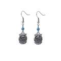 Detailed view of antique silver owl earrings with blue beads and feather texture - Owl Shape Ear Hook (E1231-1)
