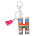 Letter H keychain with rainbow stripes, leopard print leather, and pink tassel detail - Letter H