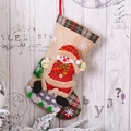 Detailed view of linen Christmas stocking with a 3D snowman and plaid tree decoration - E-W30 Snowman Style Natural Linen Stocking