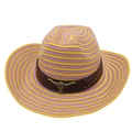 Chapeau de paille de style western à rayures bicolores et logo tête de taureau - Taille unique / Jaune Violet Avec Cordon (Tête de Taureau Dorée)