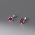 Paar S999 Silber Ohrstecker mit rosenroten Tropfen-Edelsteinen und Schraubverschluss - 990 Silber / Rot