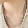 Classic silver Figaro chain necklace in stainless steel with textured link design - Steel Color Long Thick Chain 50cm