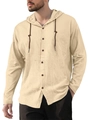 Men's casual linen hooded shirt in beige featuring long sleeves and dark drawstrings - Khaki