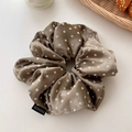 Oversized brown satin scrunchie with white polka dots and fashion woven label - Coffee (Polka Dot)