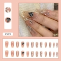 Press-on nail set featuring black heart diamonds, pearls, and glitter in nude pink finish - Gold Foil Black Diamond (Z539)