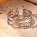 Adjustable silver titanium steel ring with three-layer parallel line minimalist design - Steel Color 121