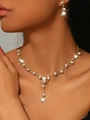 Elegant gold pearl jewelry set including Y-shape necklace and drop earrings on model - Gold Artificial Pearl Necklace and Stud Earrings Set (483)