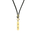 Macro detail of gold-plated rectangle pendant with star and moon crystals on black cord - Star & Moon Pattern