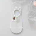 White cotton low cut sock with small brown flower embroidery and ribbed knit texture - One Size / Coffee Octagonal Flower