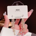 925 silver needle drop earrings with four rows of crystal tassels and white pearl - Four-Row Micro-Set Rhinestone Pearl Gold Tassel Earrings (E0200)