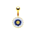 Goldener Bauchnabelpiercing mit blauer Emaille-Sonnenblume und funkelnden Zirkonia - Blau-Weiße Farbverlauf Sonnenblume (Goldener Stab)