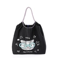 Black nylon tote bag with creative cat illustration and purple braided handles - Black Cat with Glasses