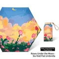 Flat six-fold mini umbrella with Under the Moon Rose oil painting pattern and storage case - Black Pole Black Glue Moonlight Rose Shading