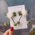 Detailed view of handmade green cherry hair clips with satin bows on a princess display card - Green (1 Pair BB Clips)