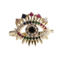 Anillo ajustable de oro con Ojo Turco y circonitas de colores con diseño de pestañas - Mal de Ojo de Circonita Colorida con Pestañas (CR0115)