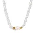 Elegant beaded necklace with a central white pearl and translucent light blue crystal beads - Greyish White Clear
