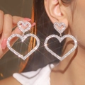 Sparkly full rhinestone heart dangle earrings for women in a silver-tone luxury design - Double Heart Studs / Silver