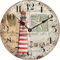 Retro nautical wall clock with red lighthouse and starfish design on wooden texture - Vintage Lighthouse Starfish