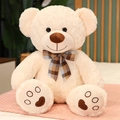Cute teddy bear plush toy in creamy white with a blue checkered ribbon bow - Apricot White / 35cm