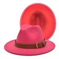 Two-tone wide brim fedora in bright magenta wool felt with decorative brown leather buckle band - M (56-58cm) / Rose Red + Red