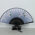 Japanese style folding fan with blue floral fabric, black bamboo frame and tassel - Black Ribs Pattern 43