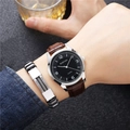 Men's quartz watch with large dial and brown leather strap paired with modern bracelet - Brown Strap Black Face + Bracelet