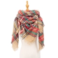 Plaid square scarf with red and green checkered pattern and tassel edges on mannequin - Camel Plaid