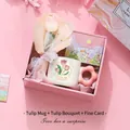 Tulip ceramic mug gift set with pink floral handle, faux flowers, and thank you card - Tulip Mug + Tulip Bouquet + Card