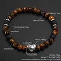 Natural tiger eye and lava stone beaded bracelet with cz heart pendant and stainless spacer - Zircon Heart Dangle