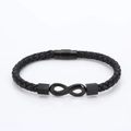 Men's black braided leather bracelet with black metal infinity symbol and buckle - Black