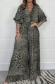 Women's leopard print wide-leg jumpsuit with V-neck and elastic waist in brown and black - S / Top And Bottom / Green