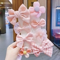 Pink 8-piece hair clip set for girls with lace bows and fabric flowers on white card - Hair Clip Set (With Cardboard) / Set of 8 / Korean Pink (9#)