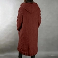 Macro detail of the chunky cable knit texture and hood on this rust red long cardigan - 3XL / Burgundy