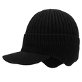 Berretto in maglia nera da uomo con fodera in pile, paraorecchie e visiera per l'inverno - Nero Con Visiera (Foderato In Peluche)