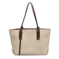 Bolso tote blanco crema con textura tejida y correas marrón oscuro finas - Blanco