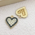 Golden heart wing pendants with black enamel and sparkling rhinestones for DIY jewelry - 1Pc Black Heart Rhinestone Charm 13x14mm